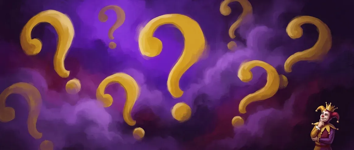 Riddles category illustration with floating gold question marks